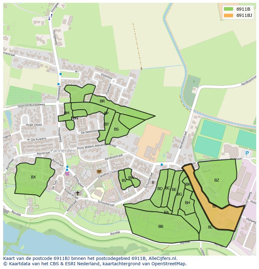 Afbeelding van het postcodegebied 6911 BJ op de kaart.