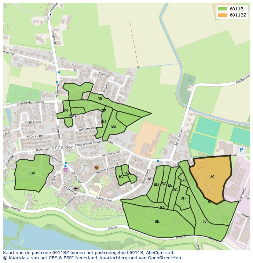 Afbeelding van het postcodegebied 6911 BZ op de kaart.