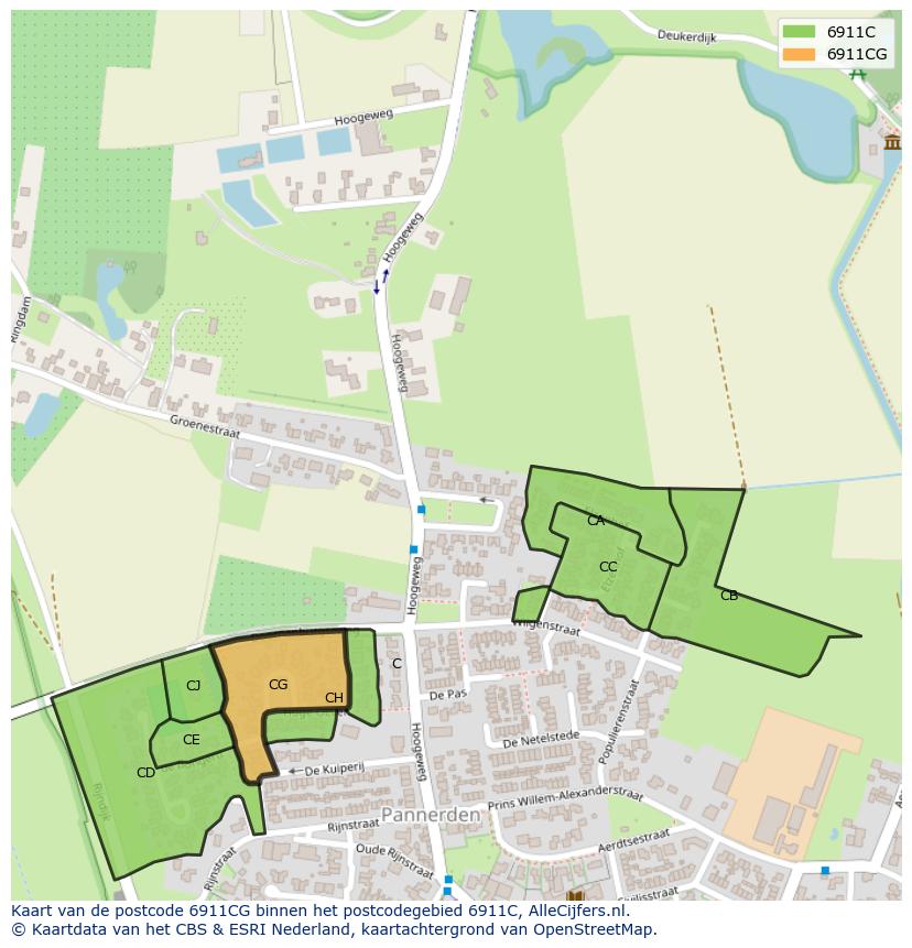 Afbeelding van het postcodegebied 6911 CG op de kaart.