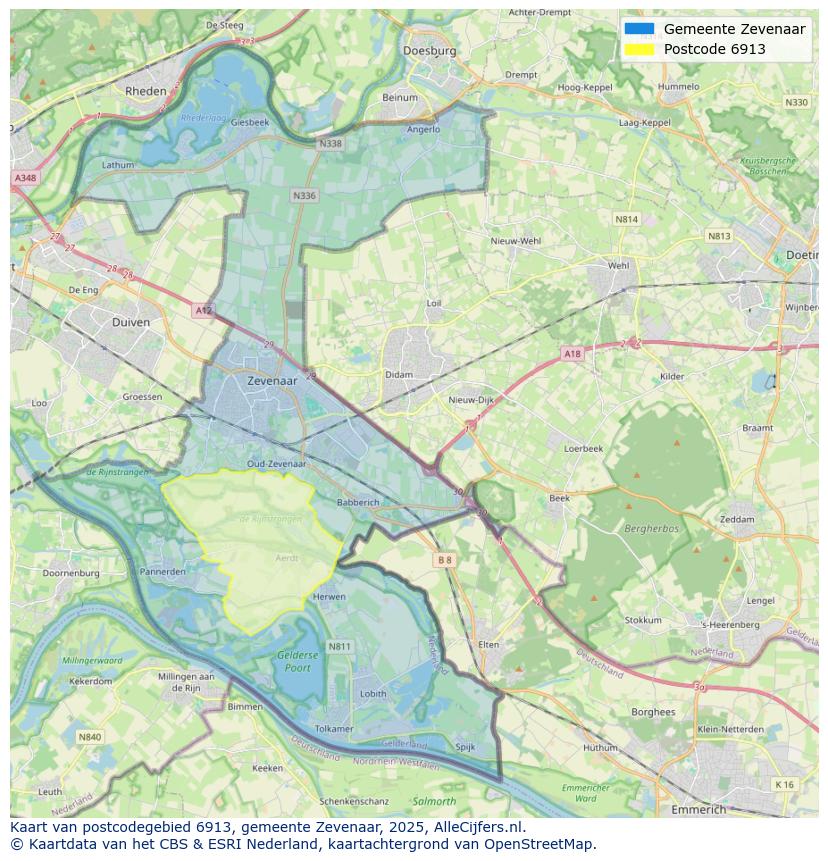 Afbeelding van het postcodegebied 6913 op de kaart.