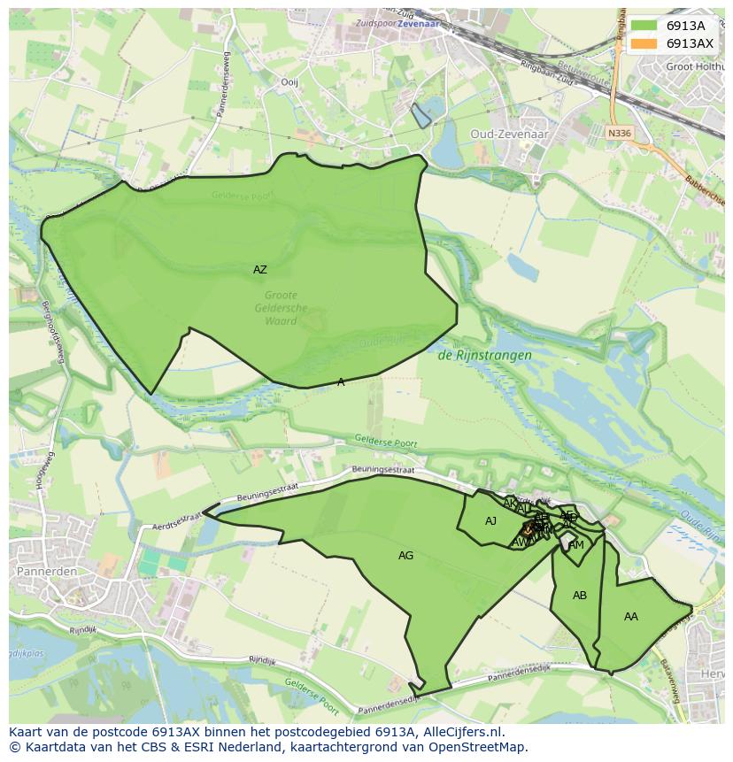 Afbeelding van het postcodegebied 6913 AX op de kaart.