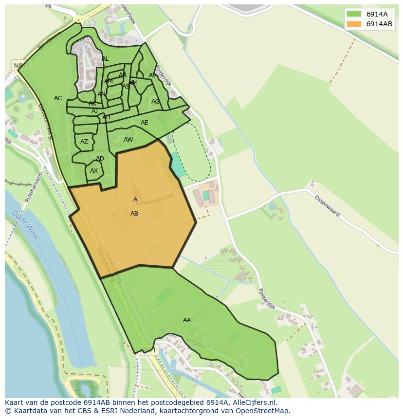 Afbeelding van het postcodegebied 6914 AB op de kaart.