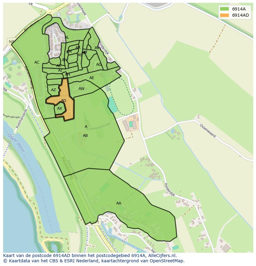 Afbeelding van het postcodegebied 6914 AD op de kaart.