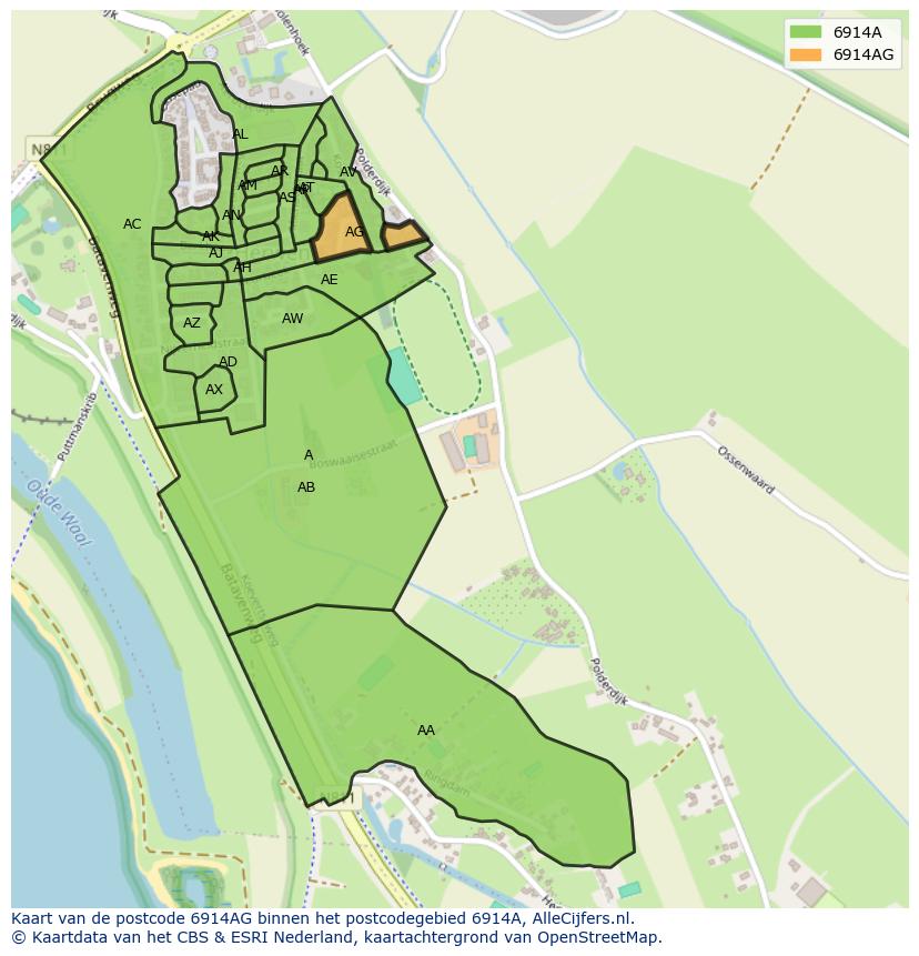 Afbeelding van het postcodegebied 6914 AG op de kaart.
