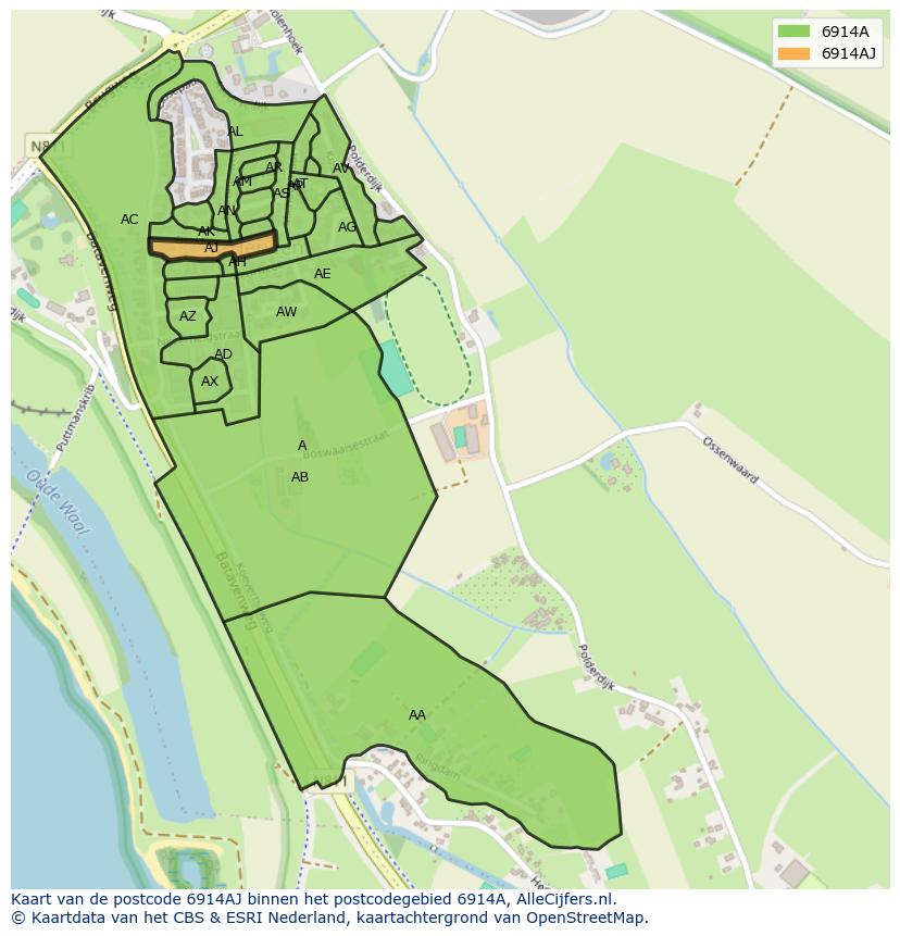 Afbeelding van het postcodegebied 6914 AJ op de kaart.