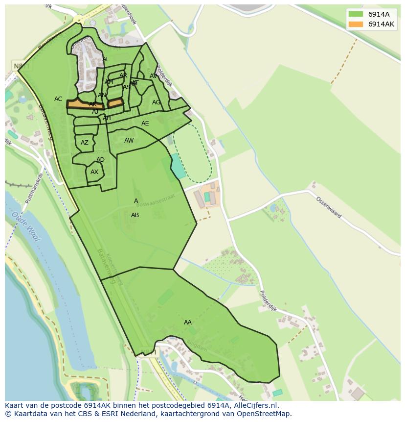 Afbeelding van het postcodegebied 6914 AK op de kaart.