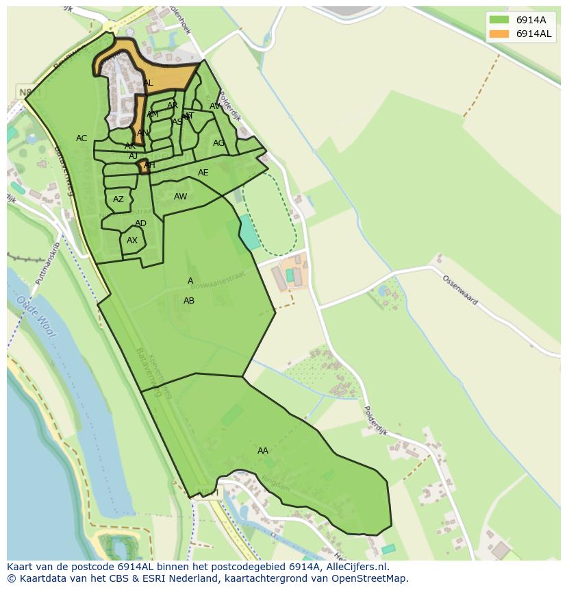 Afbeelding van het postcodegebied 6914 AL op de kaart.