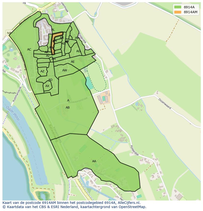 Afbeelding van het postcodegebied 6914 AM op de kaart.