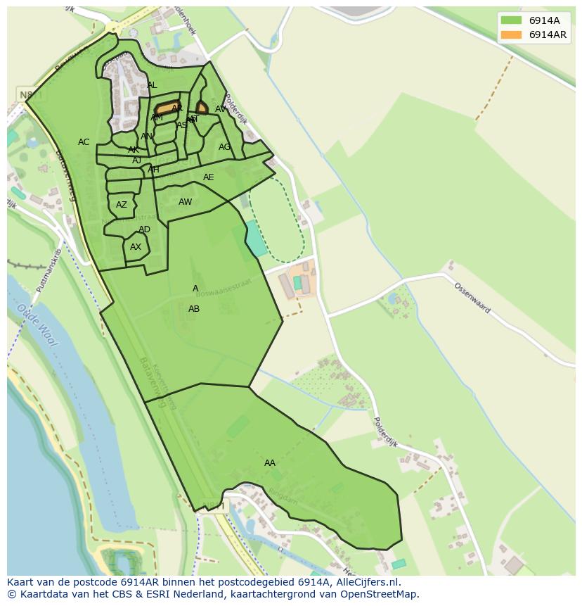 Afbeelding van het postcodegebied 6914 AR op de kaart.
