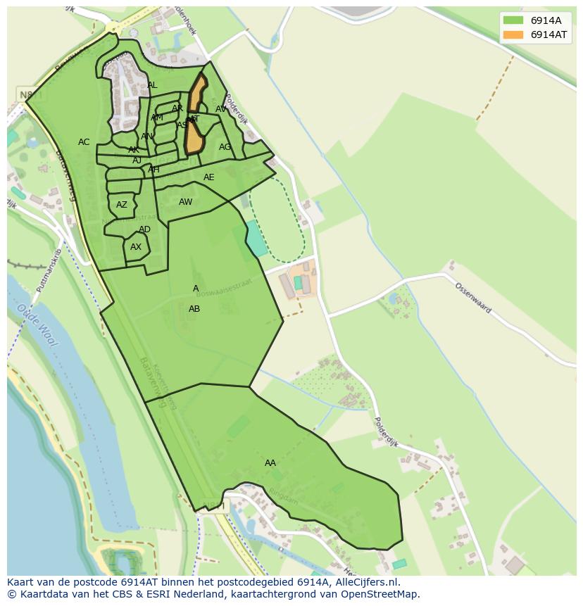 Afbeelding van het postcodegebied 6914 AT op de kaart.