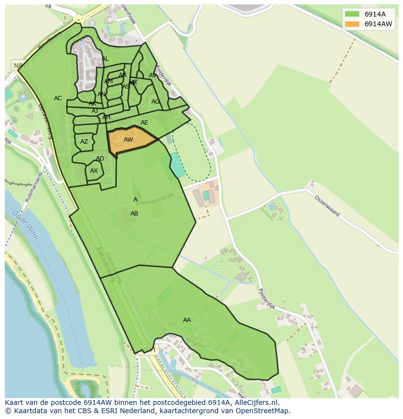 Afbeelding van het postcodegebied 6914 AW op de kaart.
