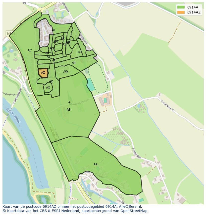Afbeelding van het postcodegebied 6914 AZ op de kaart.