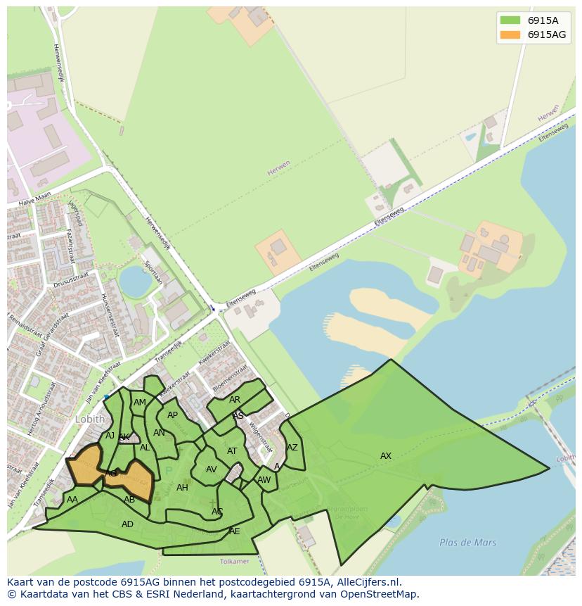 Afbeelding van het postcodegebied 6915 AG op de kaart.