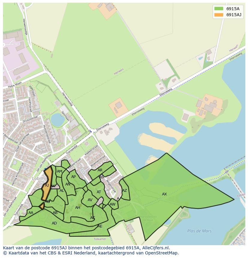 Afbeelding van het postcodegebied 6915 AJ op de kaart.