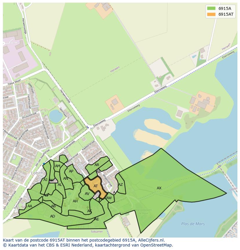 Afbeelding van het postcodegebied 6915 AT op de kaart.