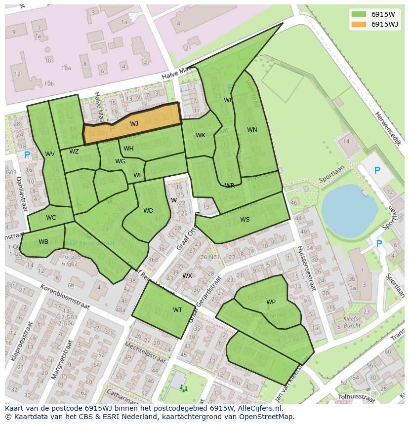 Afbeelding van het postcodegebied 6915 WJ op de kaart.