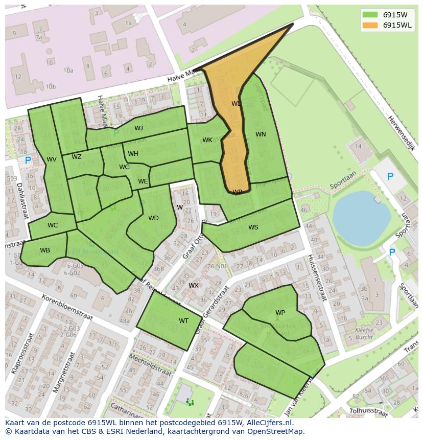 Afbeelding van het postcodegebied 6915 WL op de kaart.