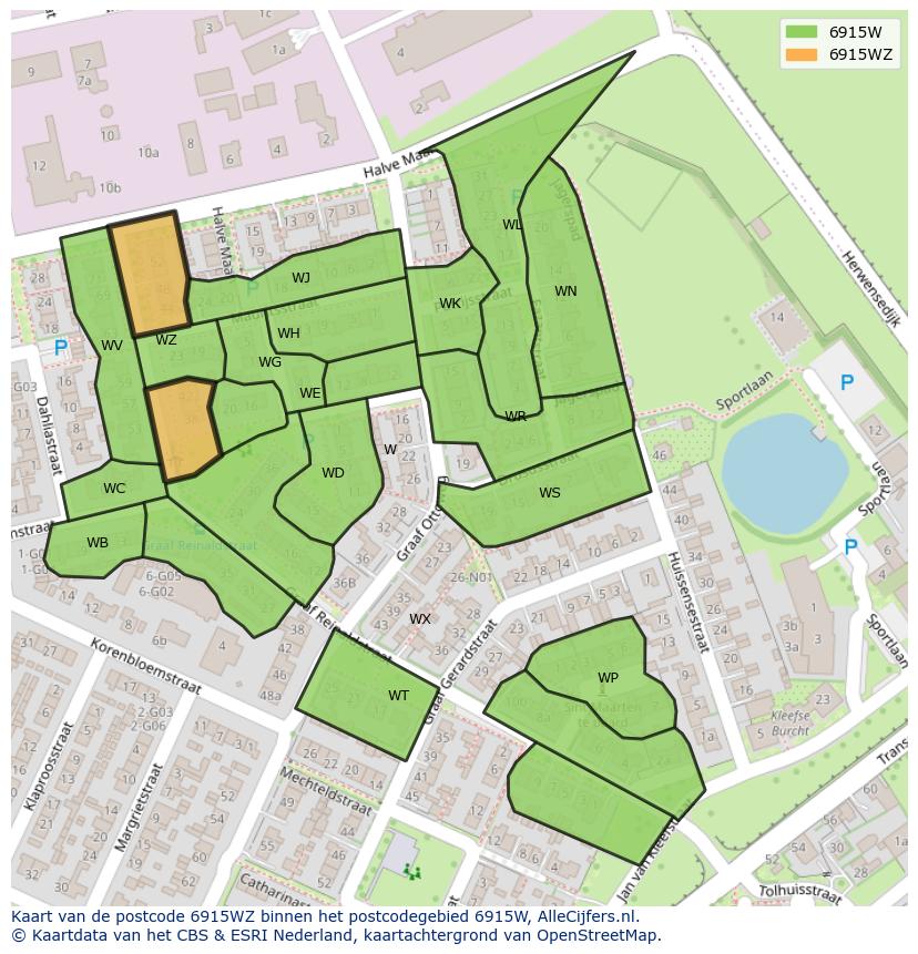 Afbeelding van het postcodegebied 6915 WZ op de kaart.