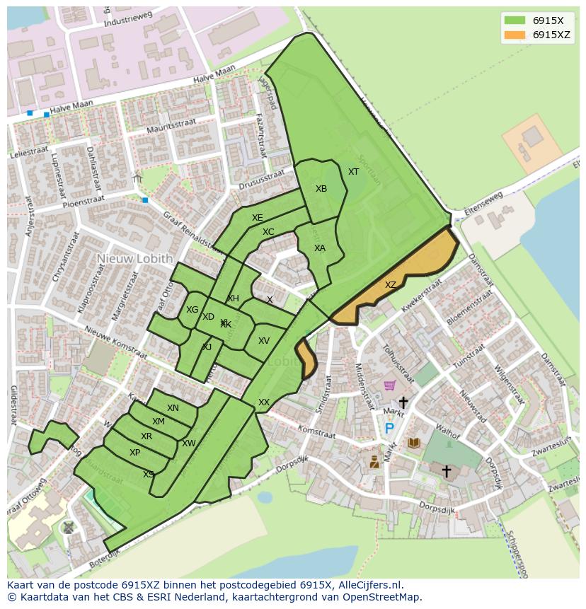Afbeelding van het postcodegebied 6915 XZ op de kaart.