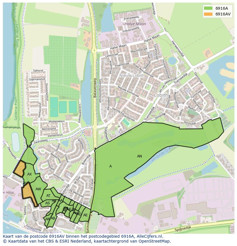 Afbeelding van het postcodegebied 6916 AV op de kaart.