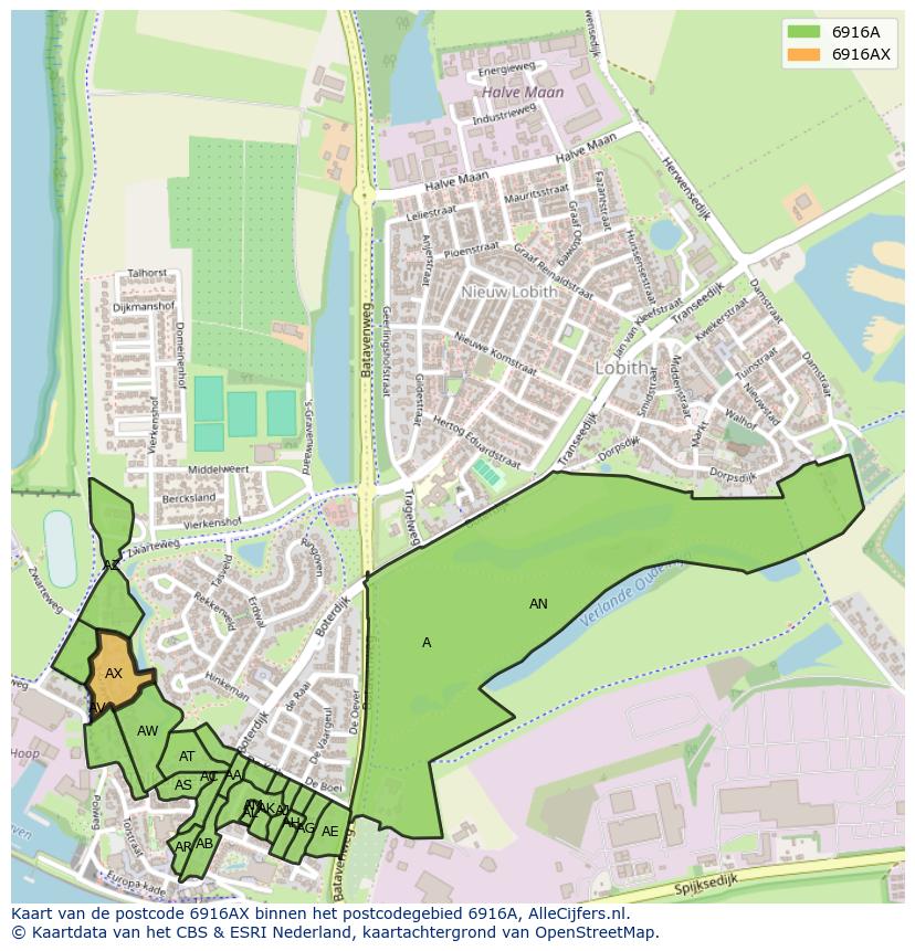 Afbeelding van het postcodegebied 6916 AX op de kaart.