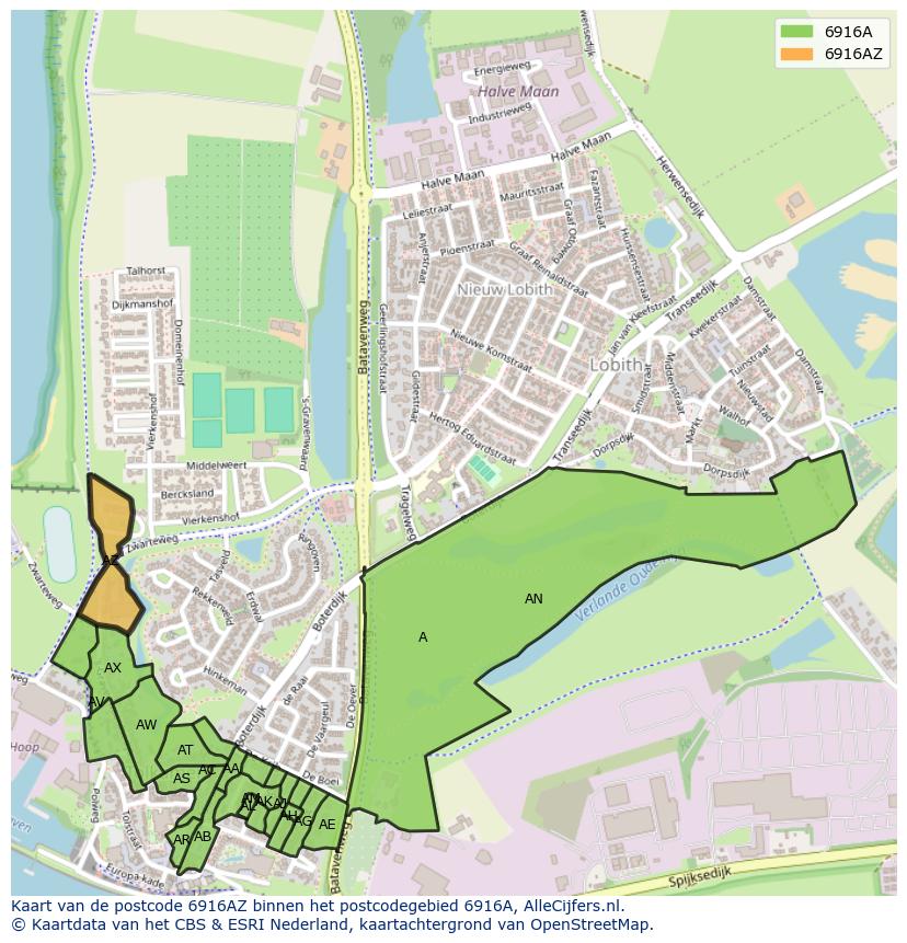 Afbeelding van het postcodegebied 6916 AZ op de kaart.