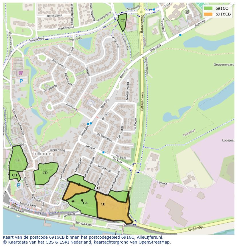 Afbeelding van het postcodegebied 6916 CB op de kaart.