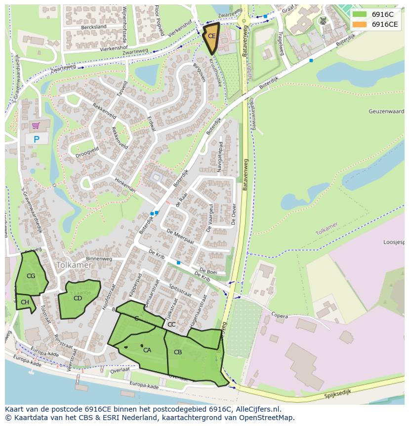 Afbeelding van het postcodegebied 6916 CE op de kaart.
