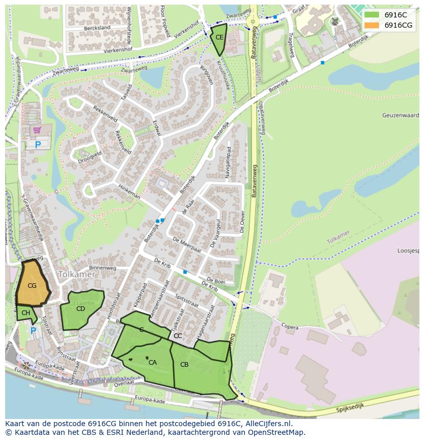 Afbeelding van het postcodegebied 6916 CG op de kaart.