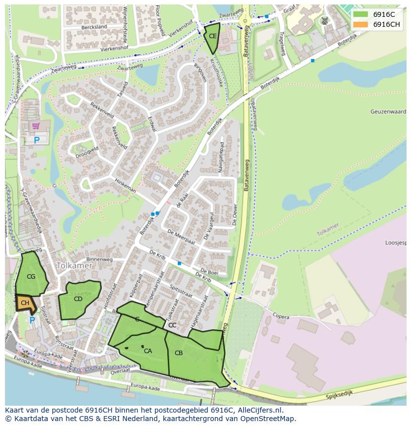 Afbeelding van het postcodegebied 6916 CH op de kaart.