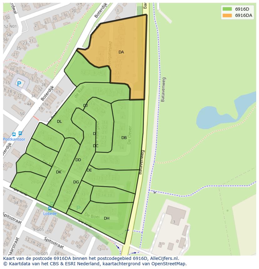 Afbeelding van het postcodegebied 6916 DA op de kaart.