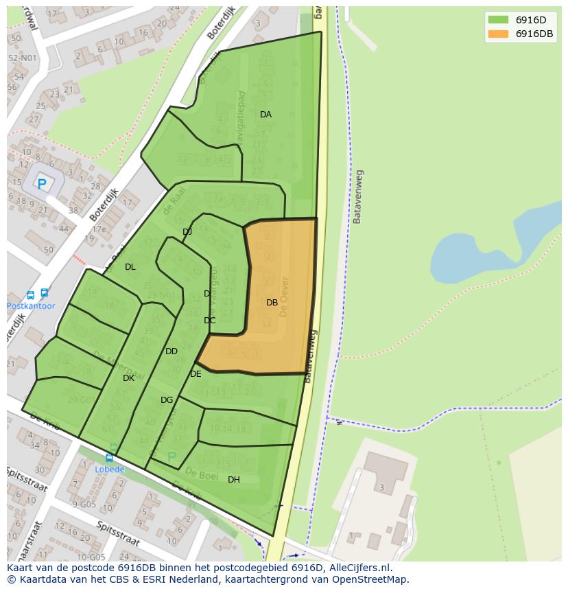 Afbeelding van het postcodegebied 6916 DB op de kaart.