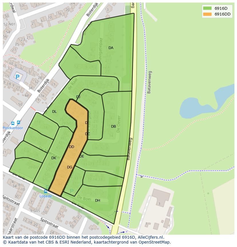 Afbeelding van het postcodegebied 6916 DD op de kaart.
