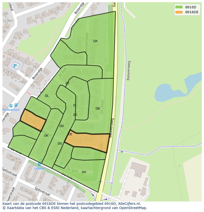 Afbeelding van het postcodegebied 6916 DE op de kaart.