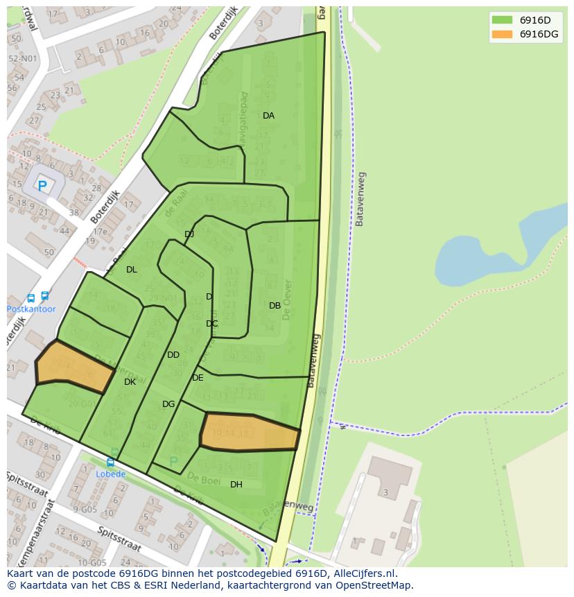Afbeelding van het postcodegebied 6916 DG op de kaart.