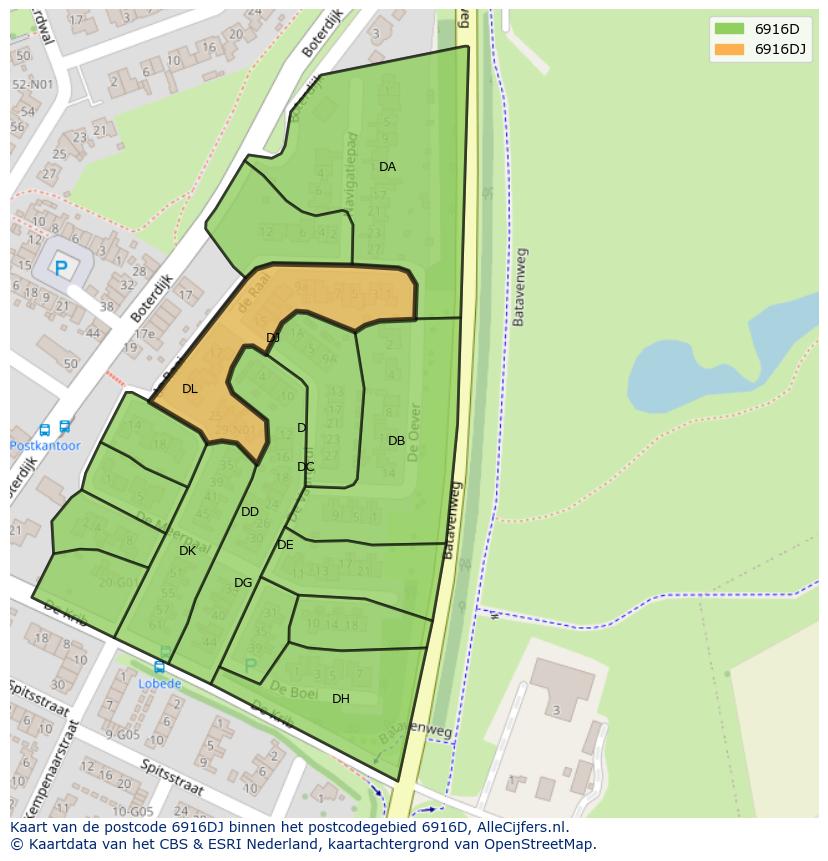 Afbeelding van het postcodegebied 6916 DJ op de kaart.