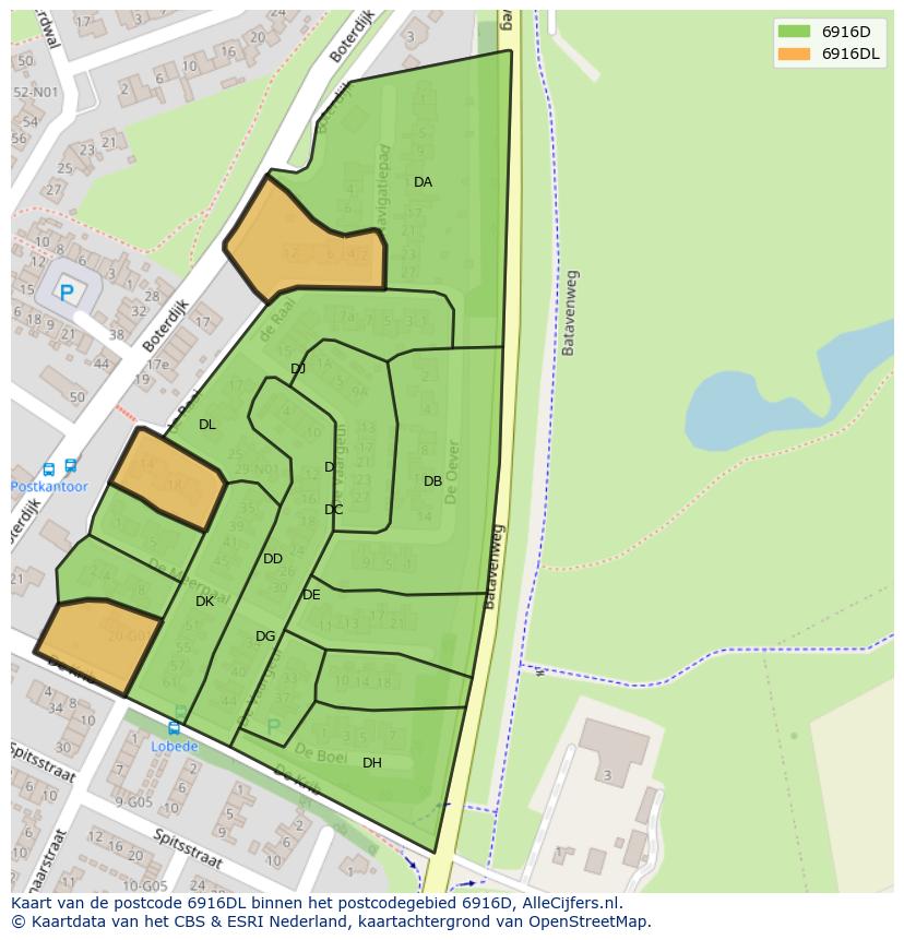 Afbeelding van het postcodegebied 6916 DL op de kaart.