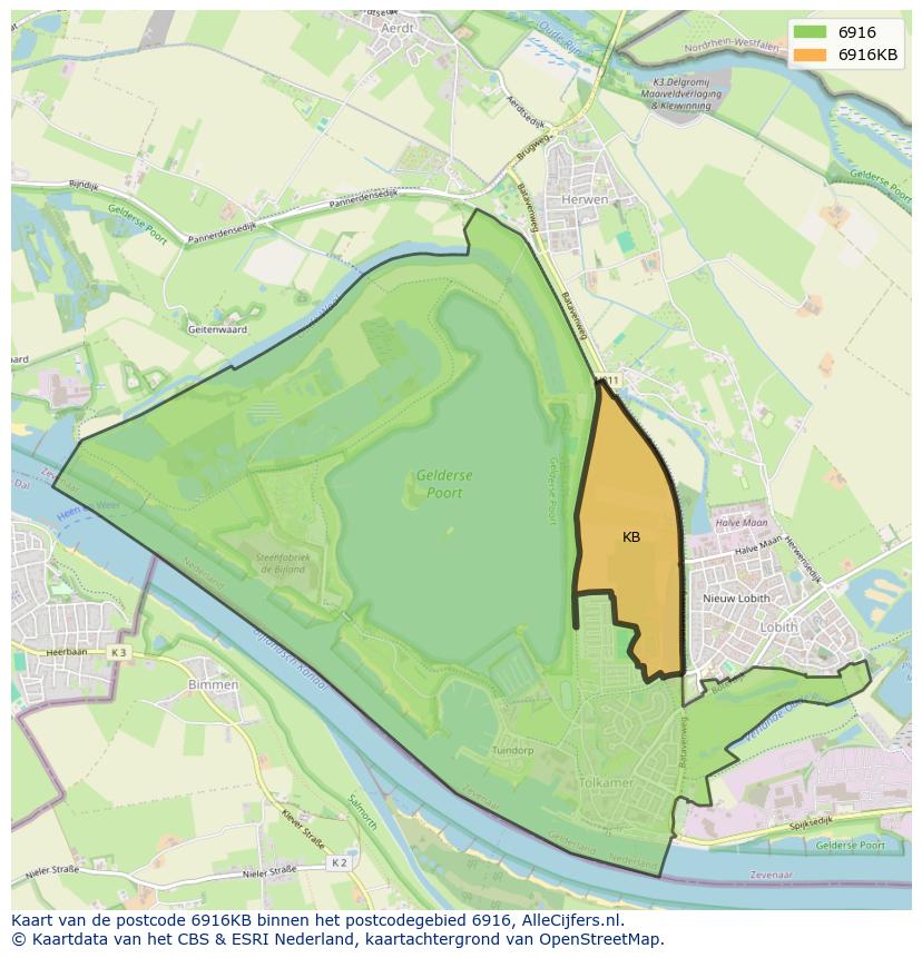 Afbeelding van het postcodegebied 6916 KB op de kaart.