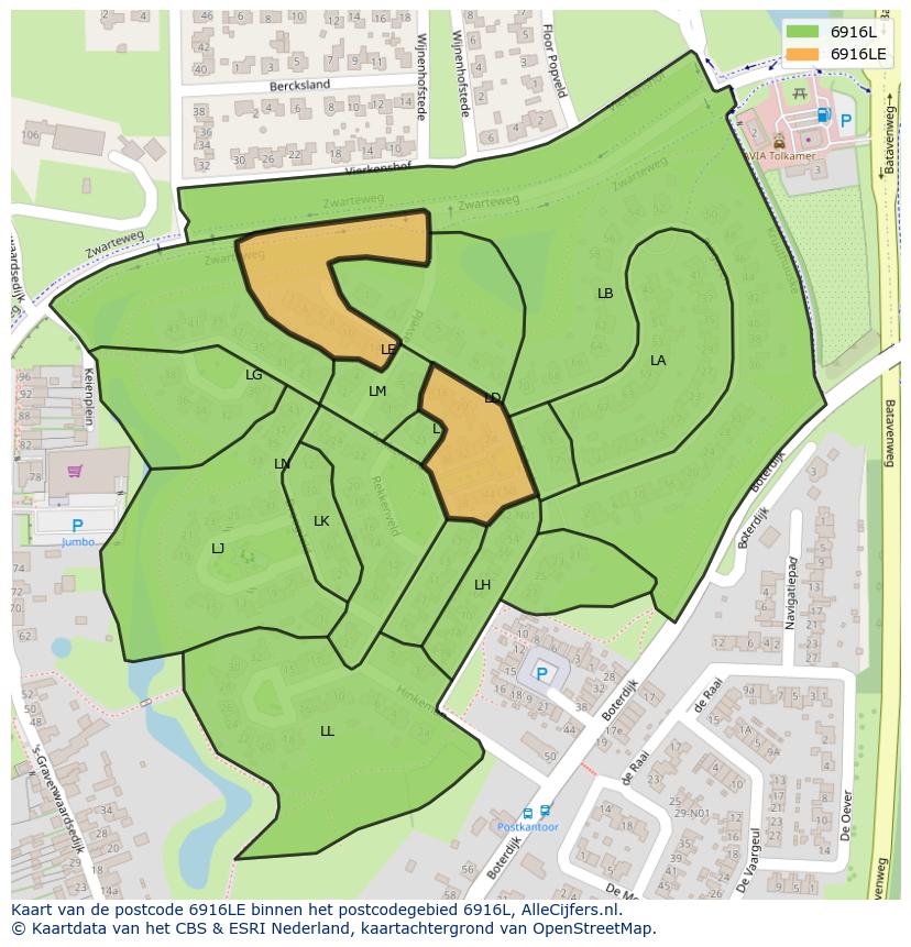 Afbeelding van het postcodegebied 6916 LE op de kaart.