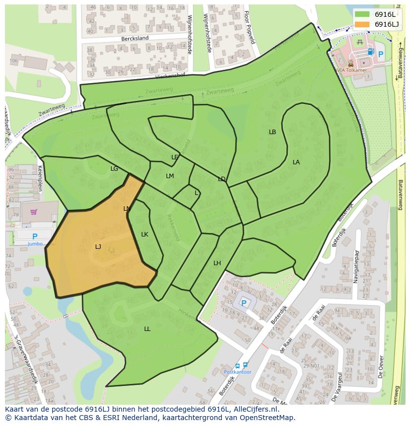 Afbeelding van het postcodegebied 6916 LJ op de kaart.