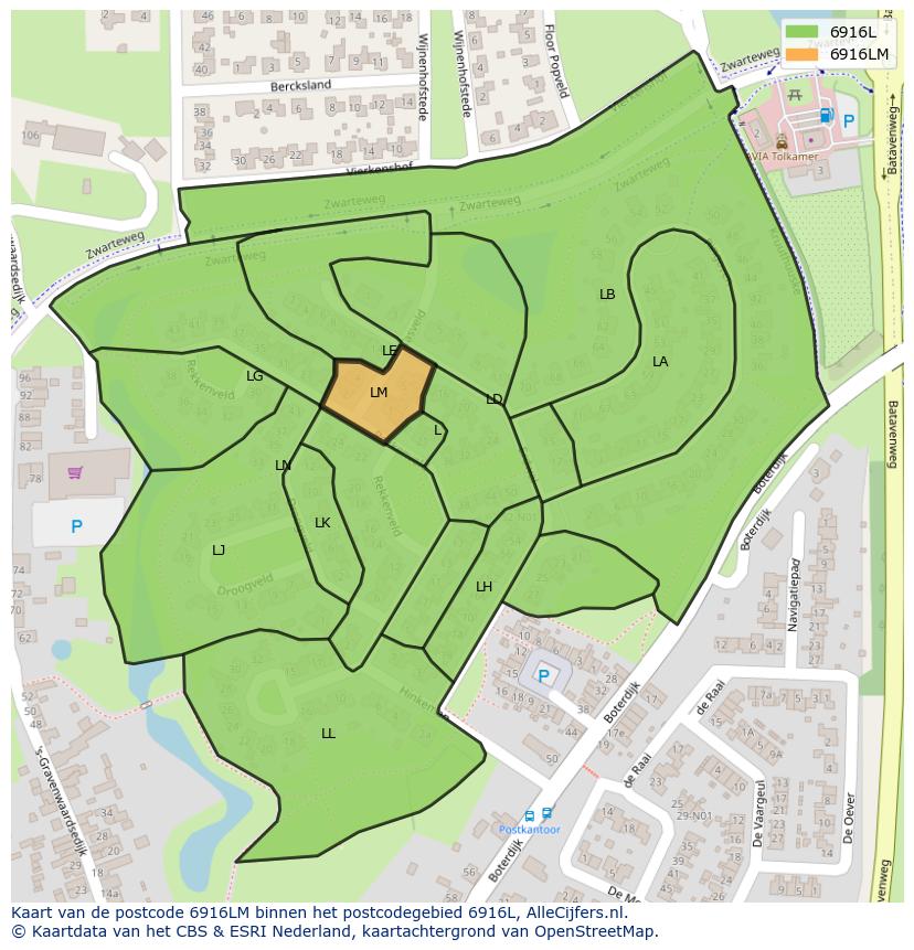 Afbeelding van het postcodegebied 6916 LM op de kaart.