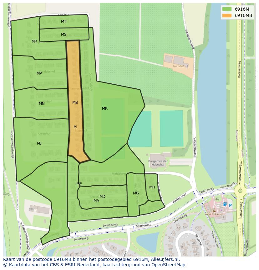 Afbeelding van het postcodegebied 6916 MB op de kaart.