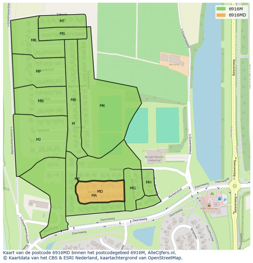 Afbeelding van het postcodegebied 6916 MD op de kaart.