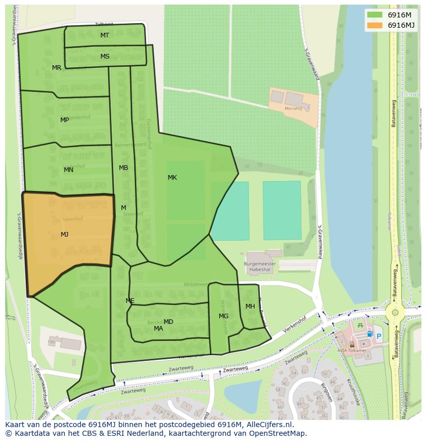 Afbeelding van het postcodegebied 6916 MJ op de kaart.