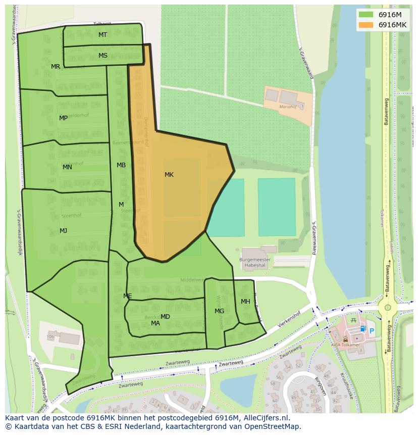 Afbeelding van het postcodegebied 6916 MK op de kaart.