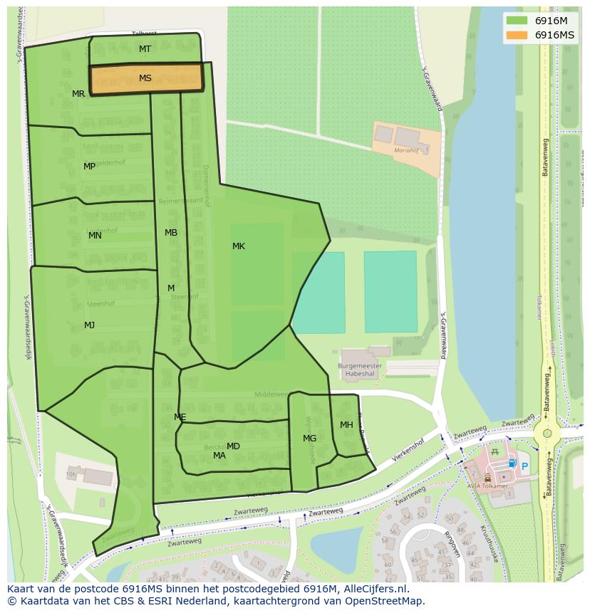 Afbeelding van het postcodegebied 6916 MS op de kaart.