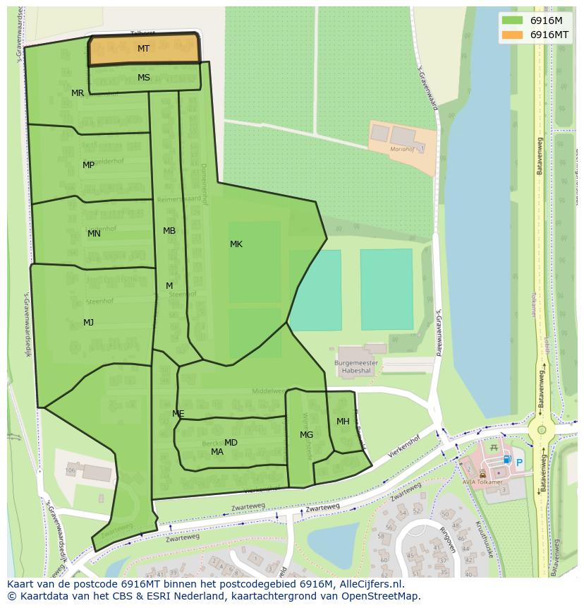Afbeelding van het postcodegebied 6916 MT op de kaart.