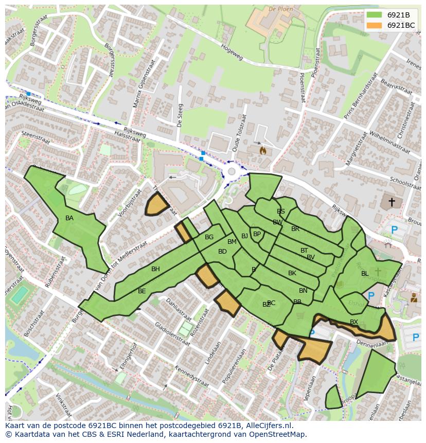 Afbeelding van het postcodegebied 6921 BC op de kaart.