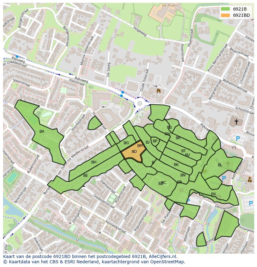Afbeelding van het postcodegebied 6921 BD op de kaart.