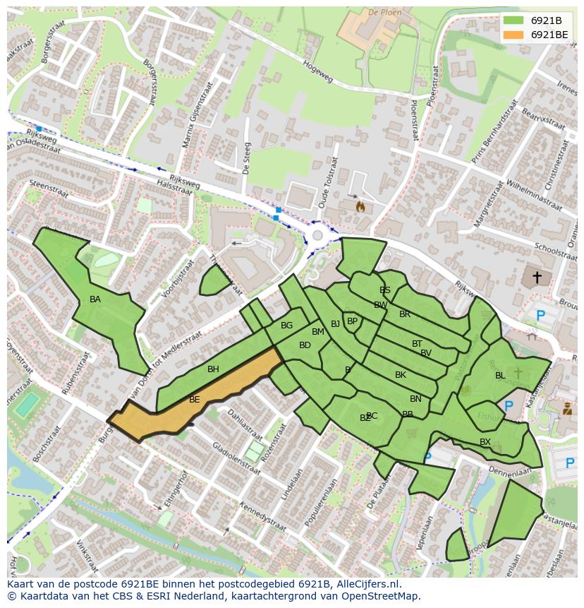 Afbeelding van het postcodegebied 6921 BE op de kaart.